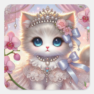 Pink Flower Princess Cat Vierkante Sticker