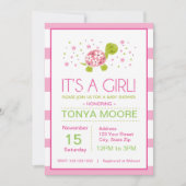 Pink Flower Stripes Turtle Baby shower Invitation Kaart (Voorkant)