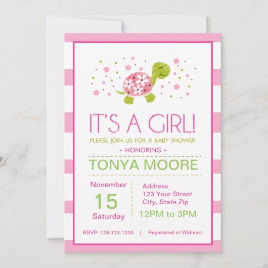 Pink Flower Stripes Turtle Baby shower Invitation Kaart (Voorkant)