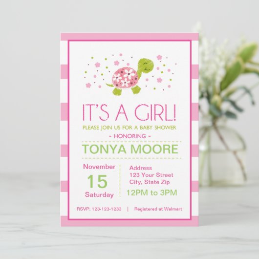 Pink Flower Stripes Turtle Baby shower Invitation Kaart (Staand voorkant)