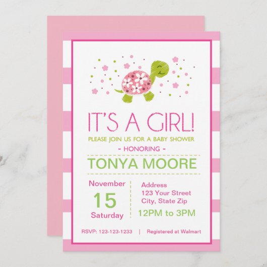 Pink Flower Stripes Turtle Baby shower Invitation Kaart (Voorkant / Achterkant)