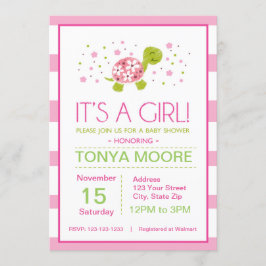 Pink Flower Stripes Turtle Baby shower Invitation Kaart