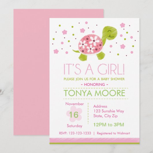 Pink Flower Turtle Baby shower Uitnodiging (Voorkant / Achterkant)