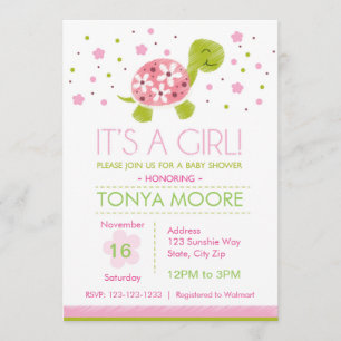 Pink Flower Turtle Baby shower Uitnodiging