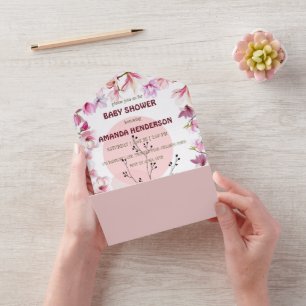 Pink Flower waterverf gradient flower baby shower All In One Uitnodiging