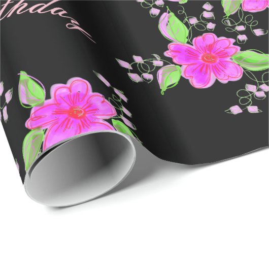 Pink Flowered Happy Birthday Cadeaupapier (Rol Hoek)