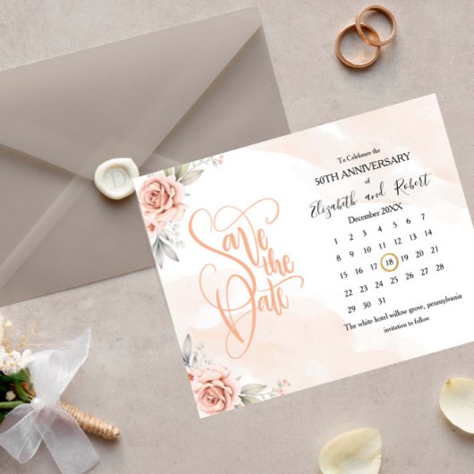 Pink Flowers 50th Jubileum Save The Date Aankondigingskaart