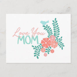 Pink flowers and blue birds love you mom text briefkaart