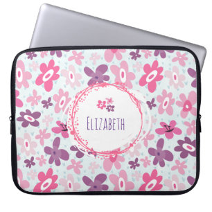 Pink Flowers and Blue Hearts Cute Whimsical Laptop Sleeve