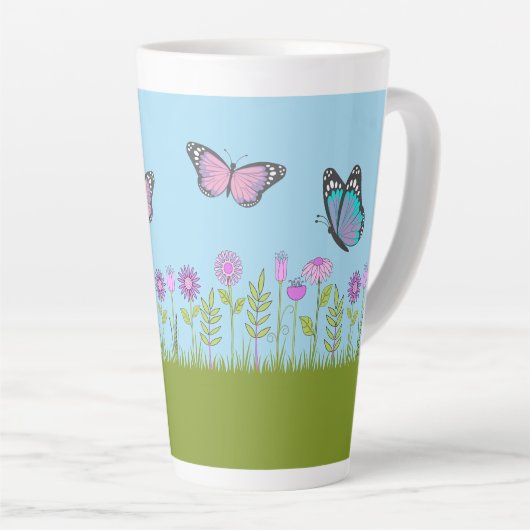 Pink Flowers and Butterfly All-Over Print Latte Mok (Rechterhoek)