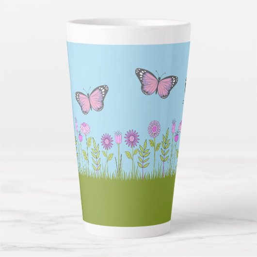 Pink Flowers and Butterfly All-Over Print Latte Mok (Voorkant)