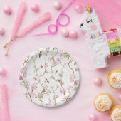 pink flowers and green leaves papieren bordje (Feest)