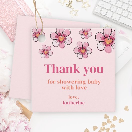 Pink Flowers Baby shower Dank je wel Bedankjes Labels