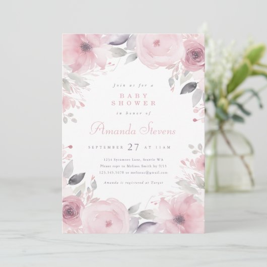 Pink Flowers Baby shower Invitation Kaart (Staand voorkant)