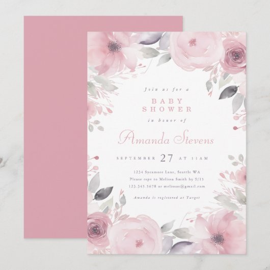 Pink Flowers Baby shower Invitation Kaart (Voorkant / Achterkant)
