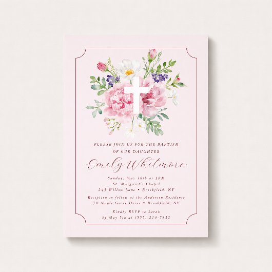 Pink FLOWERS Baptism Invitation for Girl Kaart