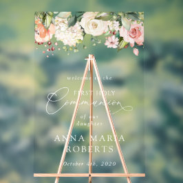 Pink Flowers, Boho, First Holy Communion Welcome Acryl Bord