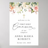Pink Flowers, Boho, First Holy Communion Welcome Poster (Voorkant)
