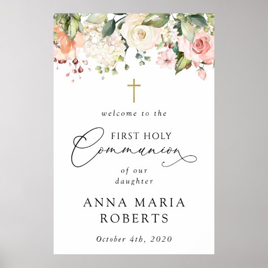 Pink Flowers, Boho, First Holy Communion Welcome Poster (Voorkant)
