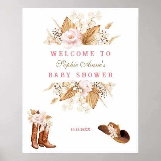 Pink Flowers Boots Baby shower Welkomstbord Poster (Voorkant)