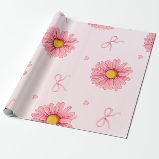Pink flowers, bows, and hearts tissue paper cadeaupapier (Uitgerold)