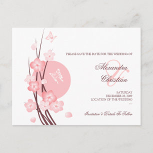Pink Flowers Butterfly Save the Date Aankondiging