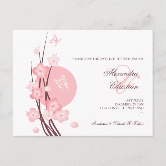 Pink Flowers Butterfly Save the Date Aankondiging (Voorkant)