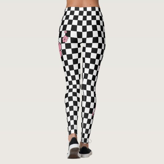 Pink Flowers Checkered Spandex-Leggings Leggings (Achterkant)
