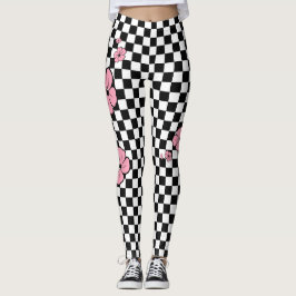 Pink Flowers Checkered Spandex-Leggings Leggings