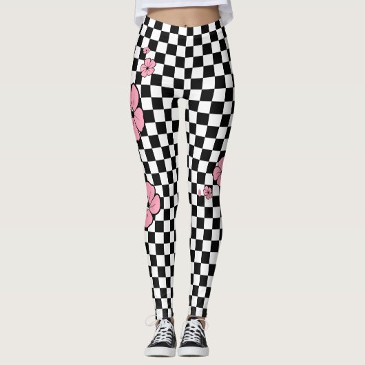 Pink Flowers Checkered Spandex-Leggings Leggings (Voorkant)