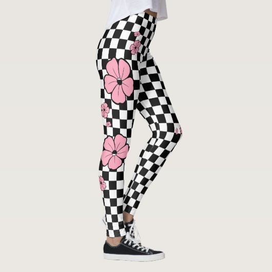Pink Flowers Checkered Spandex-Leggings Leggings (Rechts)