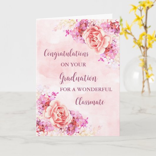 Pink Flowers Classmate Gefeliciteerd Afstuderen Kaart (Gele Bloem)