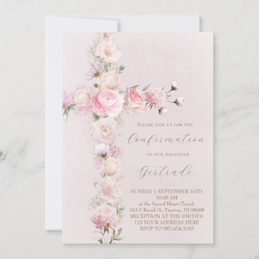 pink flowers cross  Confirmation Kaart (Voorkant)