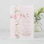 pink flowers cross First Holy Communion Kaart (Staand voorkant)