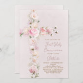 pink flowers cross First Holy Communion Kaart (Voorkant / Achterkant)