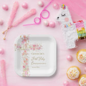  pink flowers cross First Holy Communion Papieren Bordje (Feest)