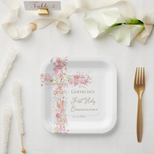  pink flowers cross First Holy Communion Papieren Bordje (Huwelijk)