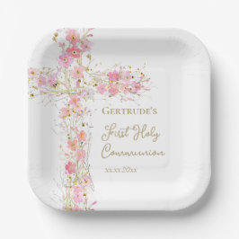 pink flowers cross First Holy Communion Papieren Bordje