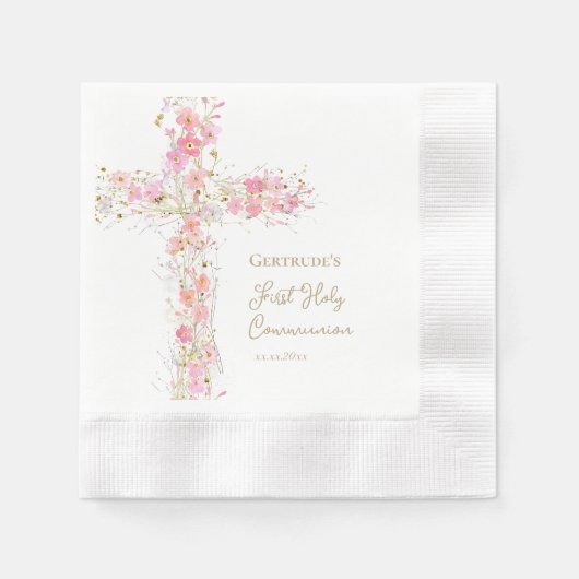pink flowers cross First Holy Communion Servet (Voorkant)