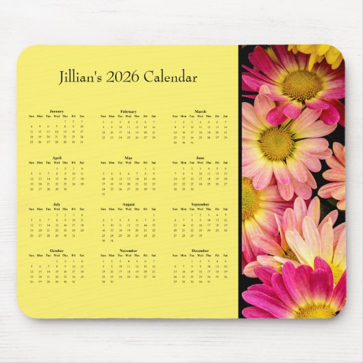 Pink Flowers: Customizable full year 2026 calendar Muismat (Voorkant)