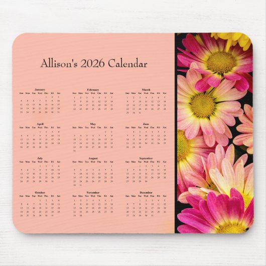 Pink Flowers: Customize full year 2026 calendar Muismat (Voorkant)