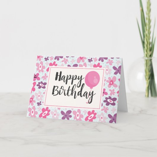 Pink Flowers Cute Whimsical Pattern Birthday Kaart (Voorkant)