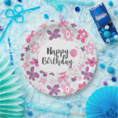 Pink Flowers Cute Whimsical Pattern Birthday Papieren Bordje (Feest)