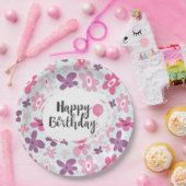 Pink Flowers Cute Whimsical Pattern Birthday Papieren Bordje (Feest)