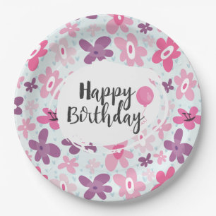 Pink Flowers Cute Whimsical Pattern Birthday Papieren Bordje