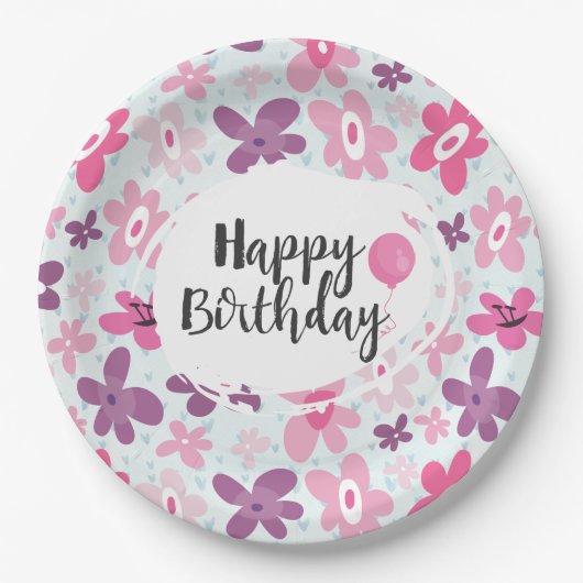 Pink Flowers Cute Whimsical Pattern Birthday Papieren Bordje (Voorkant)