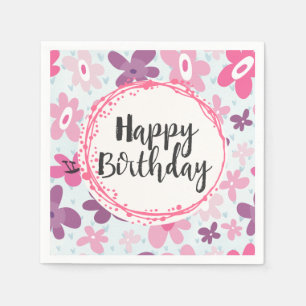 Pink Flowers Cute Whimsical Pattern Birthday Servetten
