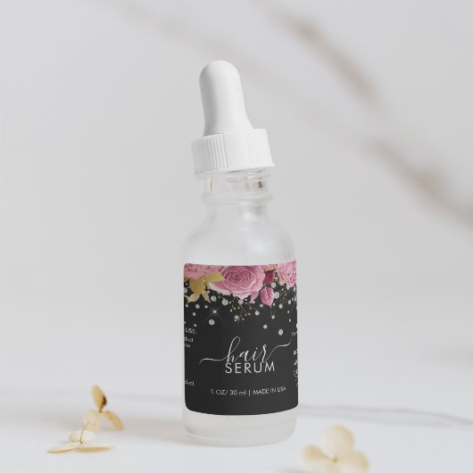 Pink Flowers Diamond Glitter Black Product Label