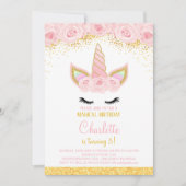 Pink Flowers Eenhoorn Verjaardag Uitnodigen Kaart (Voorkant)