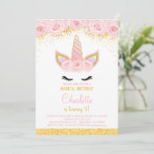 Pink Flowers Eenhoorn Verjaardag Uitnodigen Kaart (Staand voorkant)